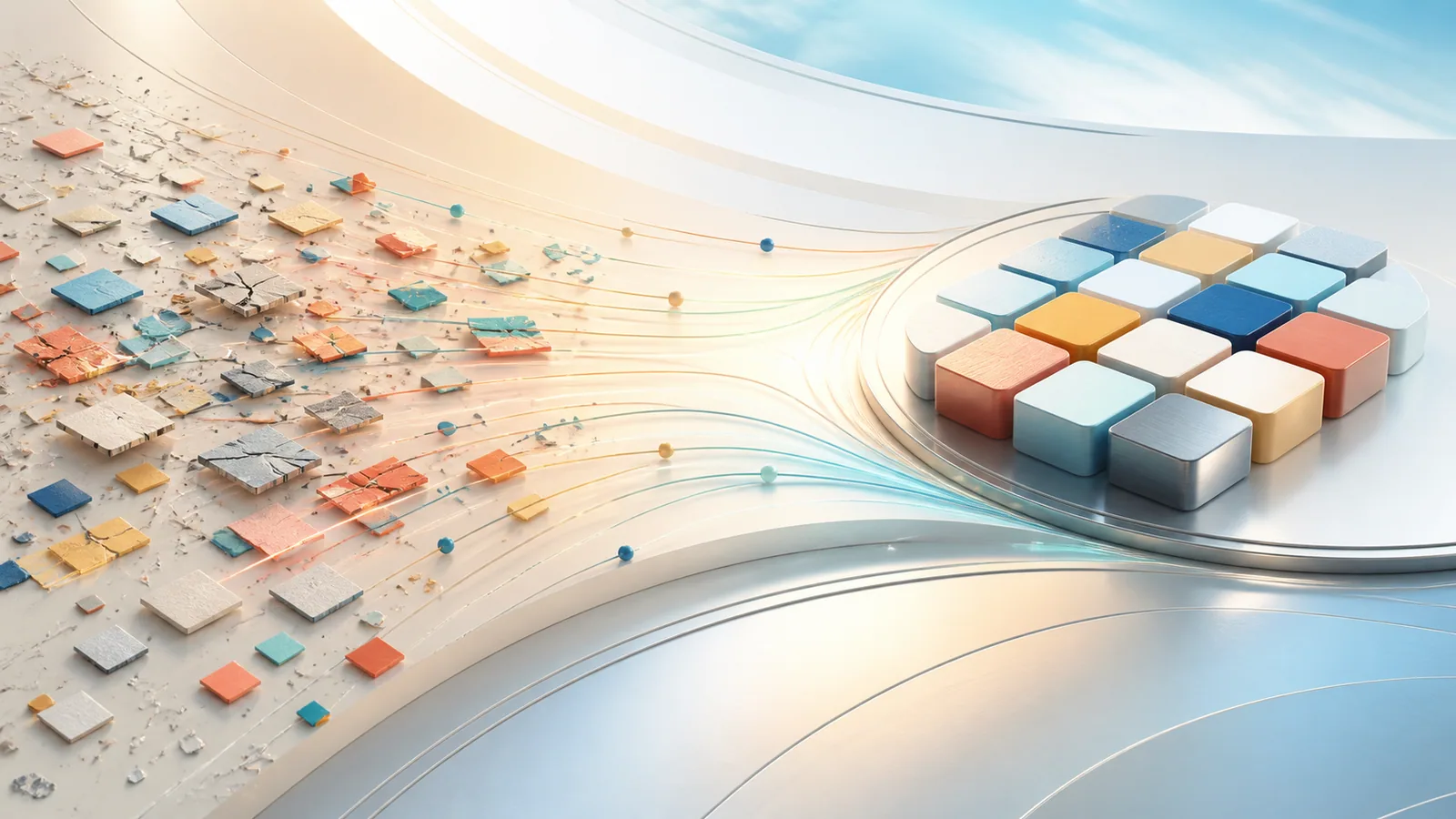 Abstract customer records moving from scattered and broken into a clean, organized audience